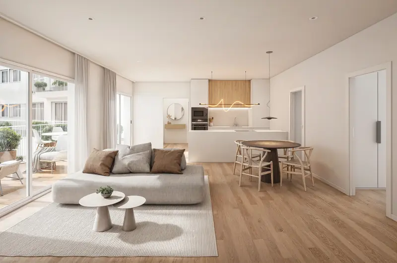 Sala d'estar i menjador d'un habitatge, amb finestrals fins a terra
